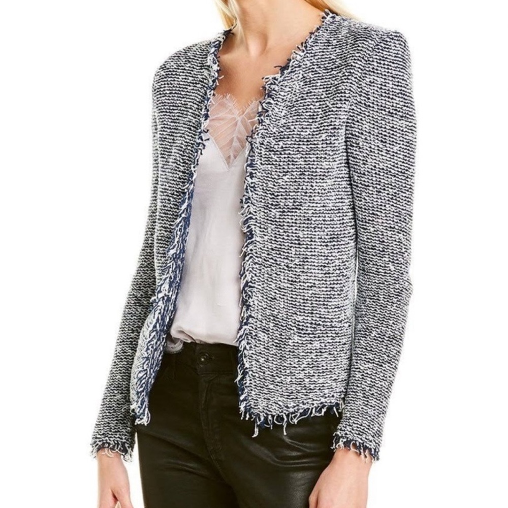 IRO Azurespe Blue and White Tweed Open Jacket with Fringe NWOT